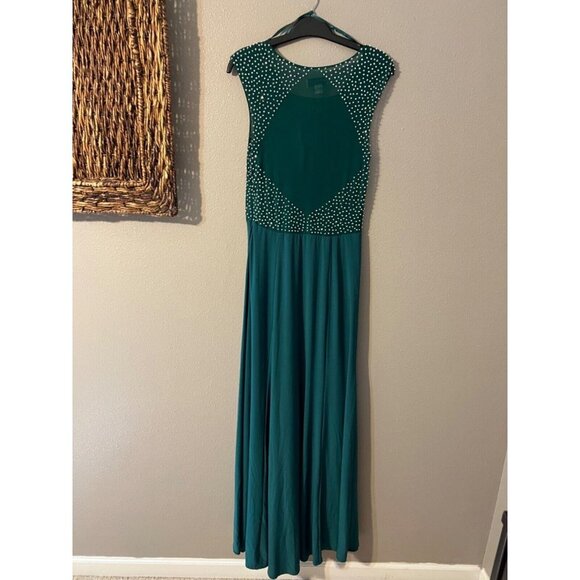 Jackie Jon Dress Emerald Green Silver 8 Stud Stretch Maxi Formal Party Event - Picture 9 of 11